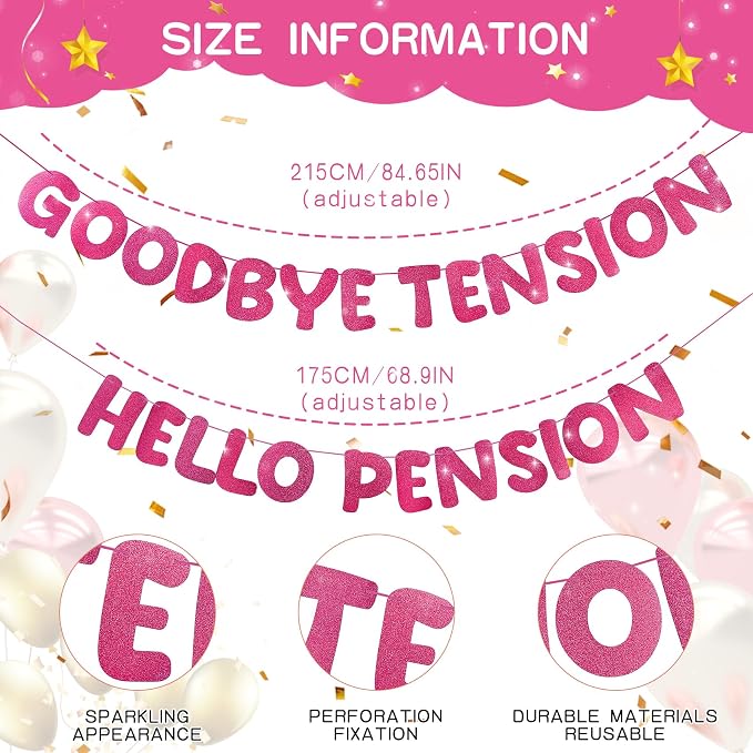 Retirement Banner Pre-Strung GOODBYE TENSION HELLO PENSION Banner Glitter - Image 2