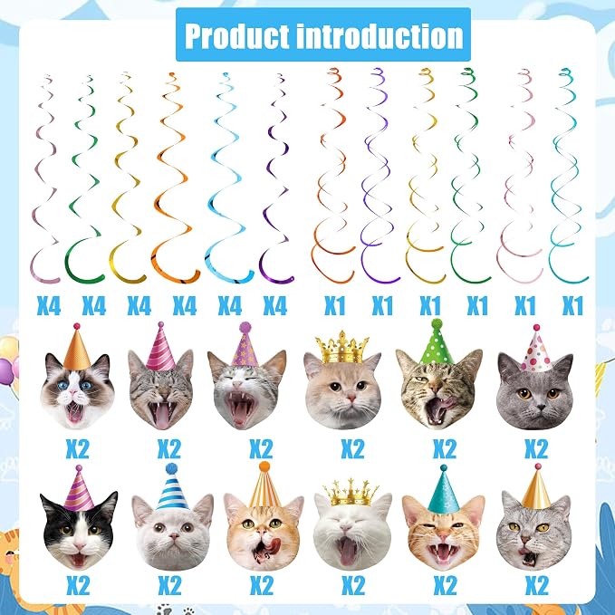 30 PCS Cat Theme Hanging Swirls Decorations Pre-Strung Kitten Birthday Party - Image 2