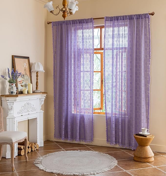 YJ YANJUN Boho Lace Curtains, Light Purple Sheer Panels, 59x84 inch, Pair | - Image 3