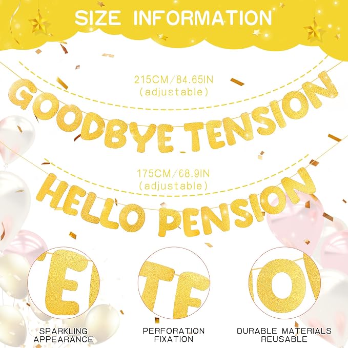 Retirement Banner Pre-Strung GOODBYE TENSION HELLO PENSION Banner Glitter - Image 2