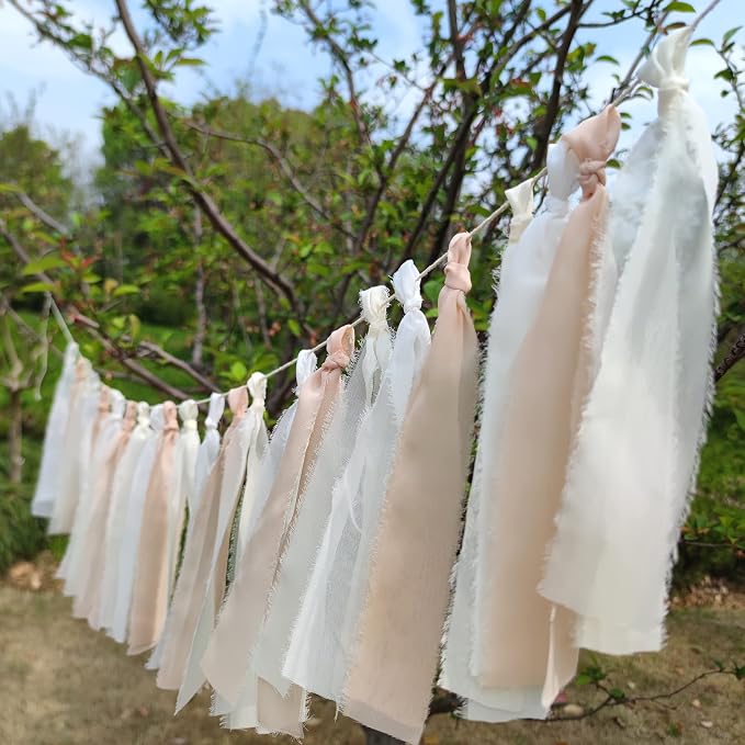 White + Beige Handcrafted Chiffon Tassel Garland - Image 6