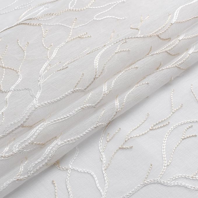 White Sheer Curtains Beige Coral Branch Embroidered 108 Inches | Light - Image 5