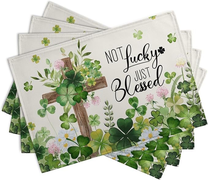 St Patricks Placemats Set of 4 St. Patrick's Day Cross Shamrocks Clover Linen - Image 2