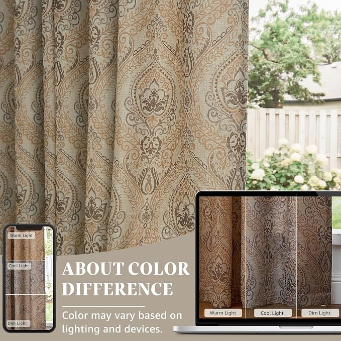 jinchan Taupe Damask Curtains 54 Inch Room Darkening Grommet 2 Panels | - Image 5