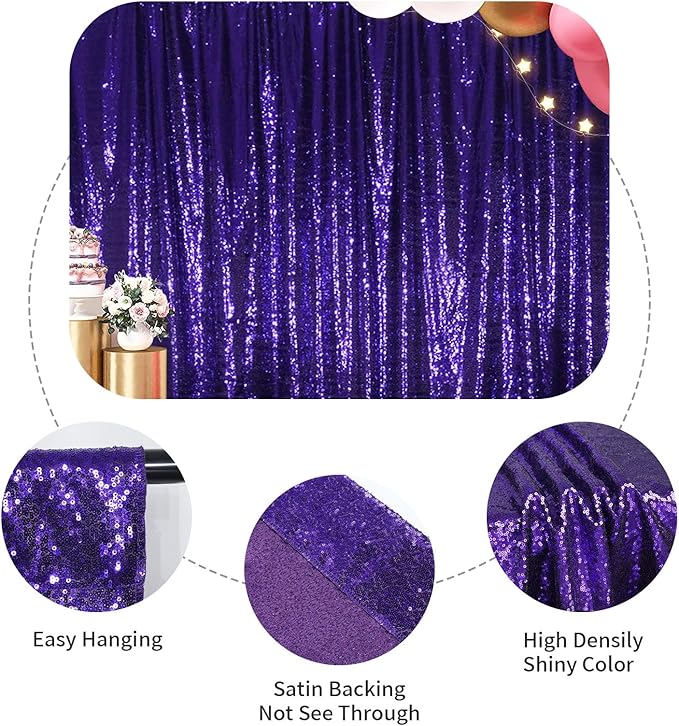 SquarePie Sequin Backdrop Less Transparent Background Sparkly Curtain for Wedding Halloween Party 6FT x 8FT Purple