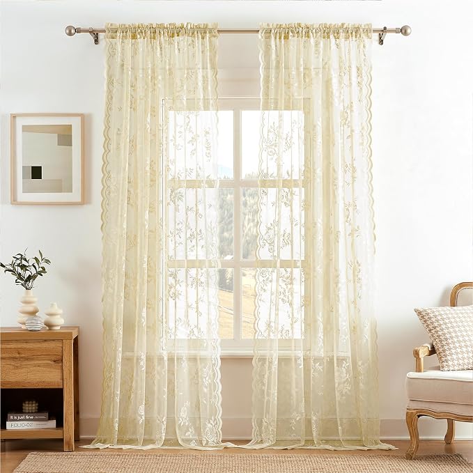 SEEKRIGHT Beige Lace Curtains 84 Inches Long Victorian Floral Sheer Curtains - Image 2