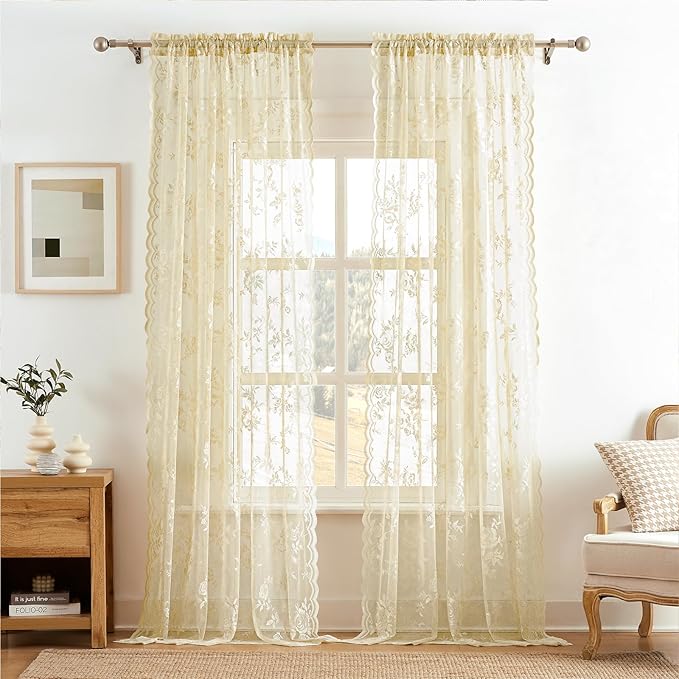 Beige Lace Curtains 102 Inches Long Modern Floral Curtain by SEEKRIGHTHomeDecor