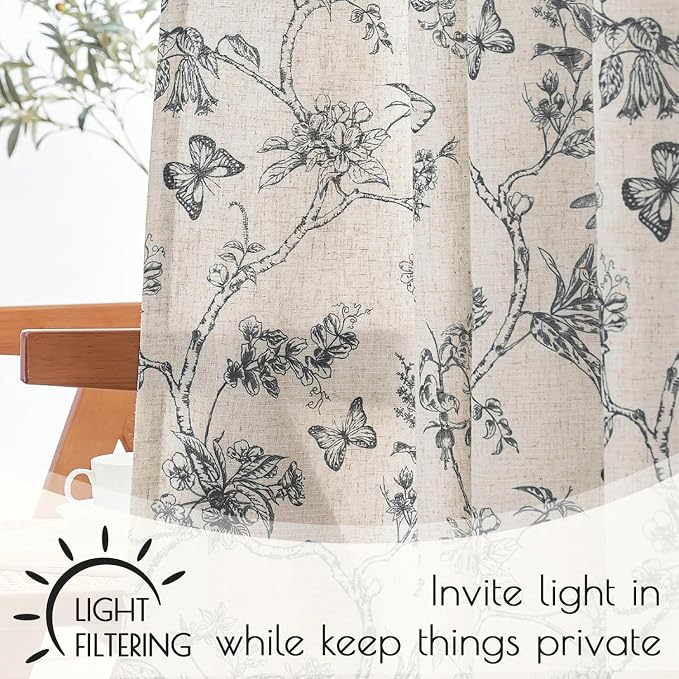 Black Floral Linen Lined Curtains Rod Pocket 50W X 96L 2 Panels | Charlotte - Image 4