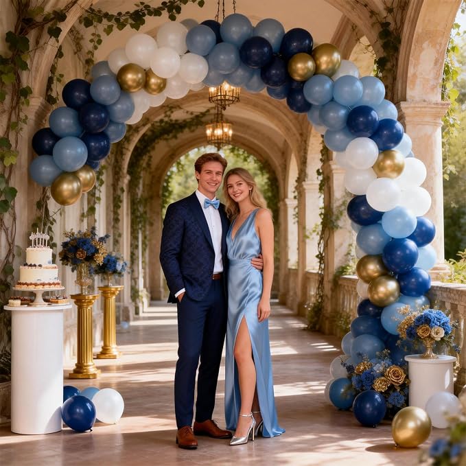 Retro Navy Blue Gold and White Balloons, 12inch Pastel Dark Light Blue White - Image 8