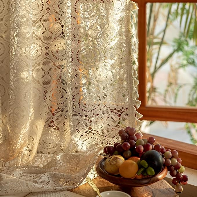 YJ YANJUN Boho Lace Curtains 63 inch Long 2 Panels -Vintage Floral Crochet by YJYANJUN