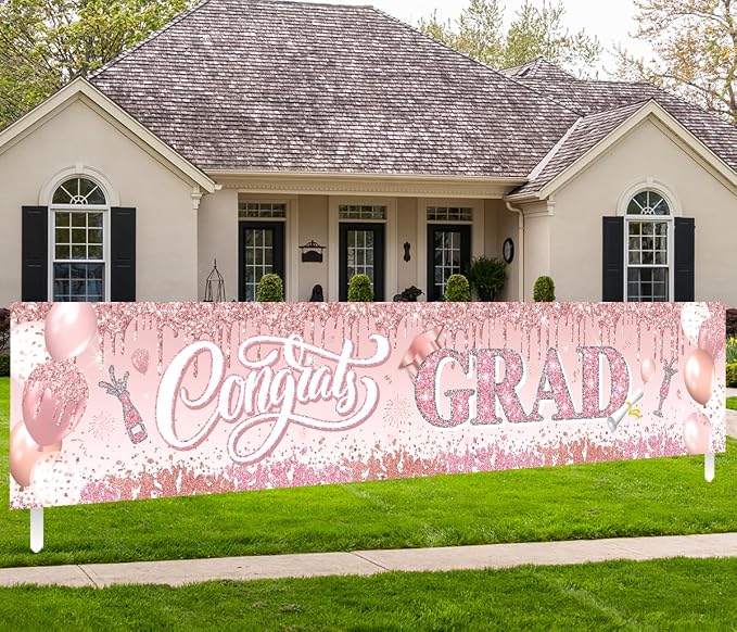 Pink Graduation Party Decorations Class of 2026 Banner Congrats Grad Rose Gold by GREHUMOR