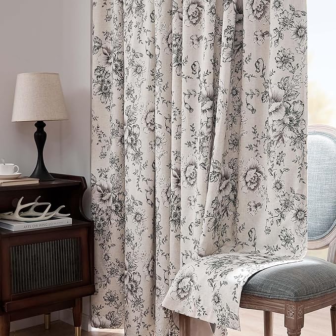 jinchan Black Floral Linen Blackout Curtains 63 Inch Back Tab 2 Panels | - Image 8