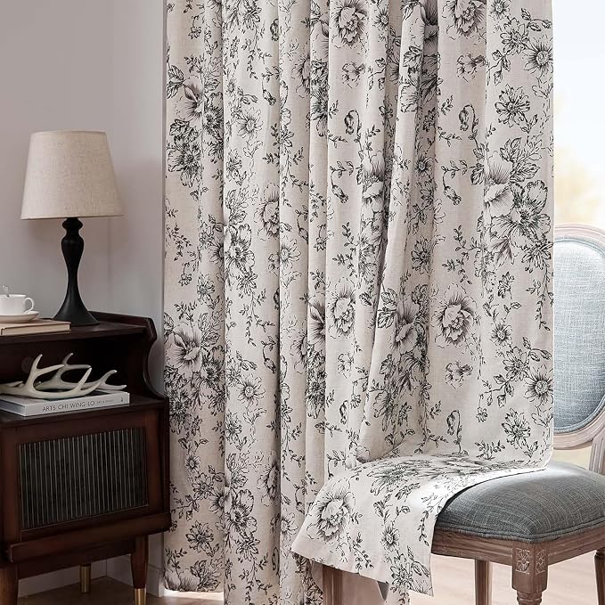 jinchan Floral Linen Blackout Curtains Lined 102 Inch Back Tab 2 Panels | - Image 6