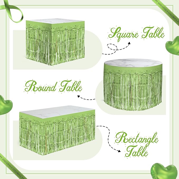 8 Pack Light Green Table Skirts, 29x108" Metallic Foil Tinsel Fringe Table Skirts for Rectangle Tables Streamer Curtains Backdrop, Party Decorations for Birthdays Weddings Holidays