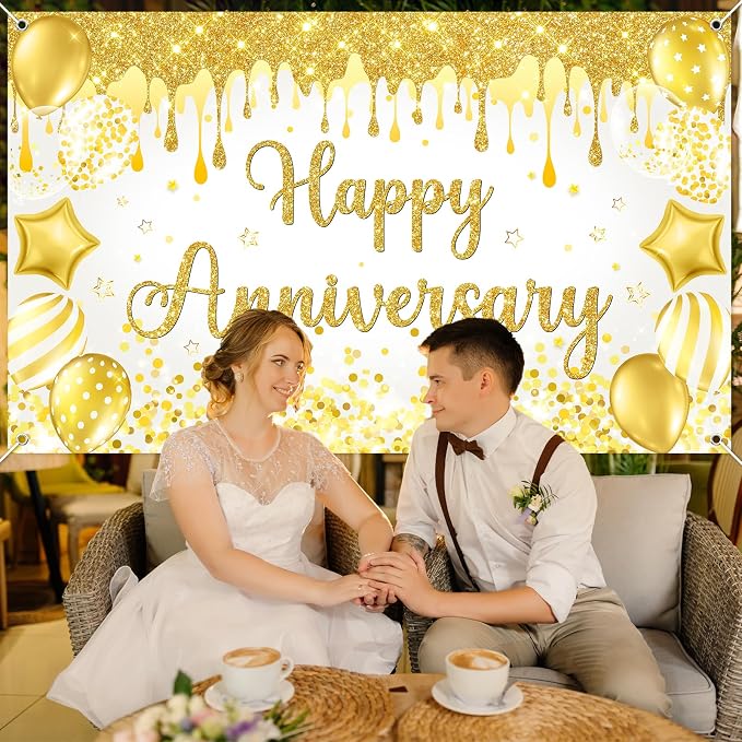 Mocsicka Happy Anniversary Banner White Gold Happy Anniversary Party - Image 5