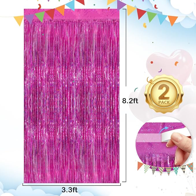 Rose Pink Party Streamers 2 Pack Glitter Foil Fringe Curtain 3.3 x 8.3ft Pink - Image 3