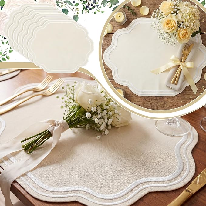 6 Pcs Beige Wedding Placemats Scalloped Embroidered Cotton Linen Placemats 17" - Image 7