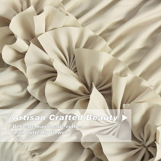 Camel Blackout Curtains with Handmade Ruffles, Butterfly Flower Embellishments - Image 2