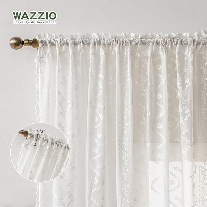WAZZIO Boho Lace Curtains 2 Panels 45 Inches -Cute Vintage Victorian Sheer - Image 6