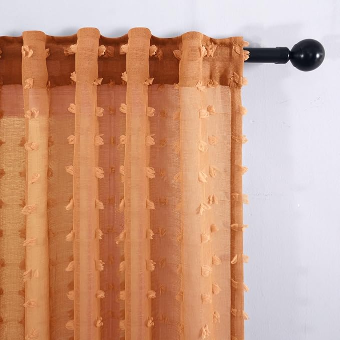 KOUFALL 52x45 Inches Long Burnt Orange Back Tab Rod Pocket Pom Pom Sheer - Image 6