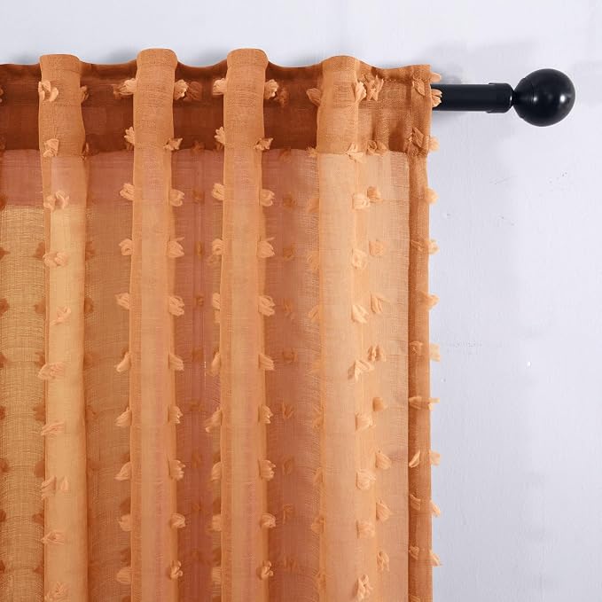 KOUFALL Burnt Orange Back Tab Rod Pocket Pom Pom Sheer Curtains - Image 6