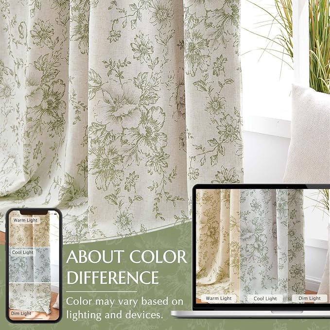 jinchan Green Floral Linen Blackout Curtains 96 Inch Back Tab 2 Panels | - Image 6