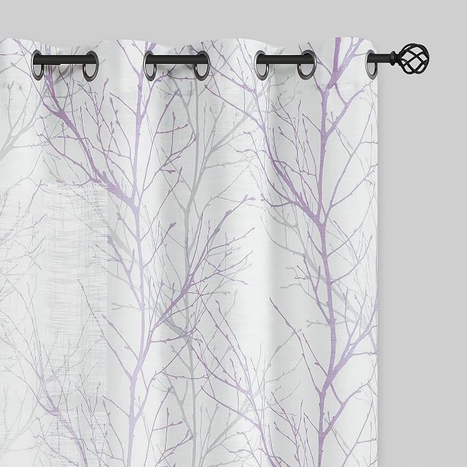 FMFUNCTEX Linen Lilac White Semi Sheer Print Curtains 84 Inch Long 2 Panels | by Fmfunctex