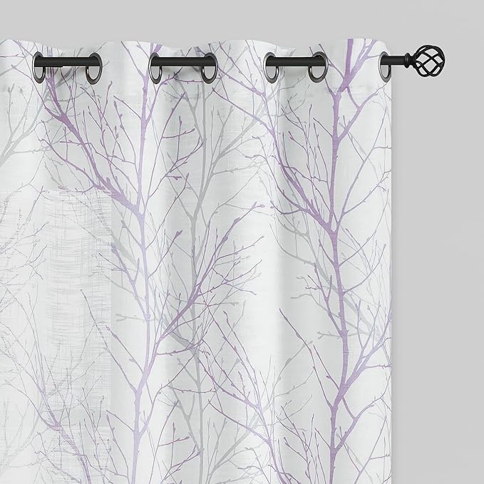 FMFUNCTEX Linen Lilac White Semi Sheer Print Curtains 72 Inch Long 2 Panels | by Fmfunctex