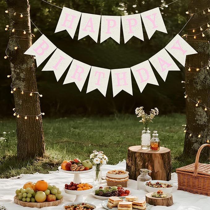 White Burlap Happy Birthday Banner Sign Birthday Garland Wall Door Hanging - Image 7
