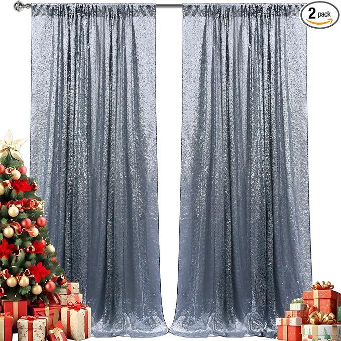 2×8FT-2PCS Black Silver Sequin Backdrop Curtains Panels, Photography Backdrop by Pufogu