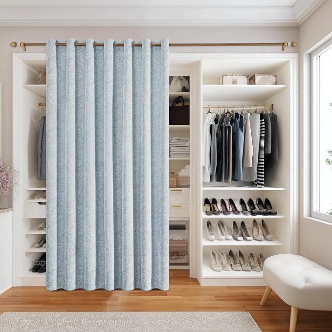 Beauoop Blue Floral Jacquard Blackout Sliding Door Curtains 100x84 1 Set | - Image 5