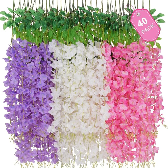 40 Pack Pink Purple White Wisteria Hanging Flowers, Fake Hanging Flowers by Waipfaru