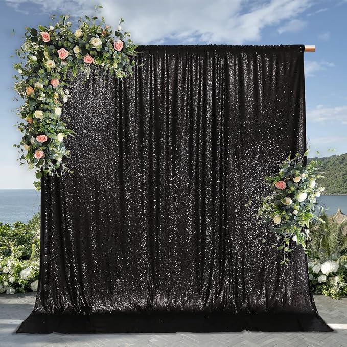 PartyDelight Black Sequin Backdrop 10x10ft Sparkly Photo Curtain | 4 Inch Rod - Image 7