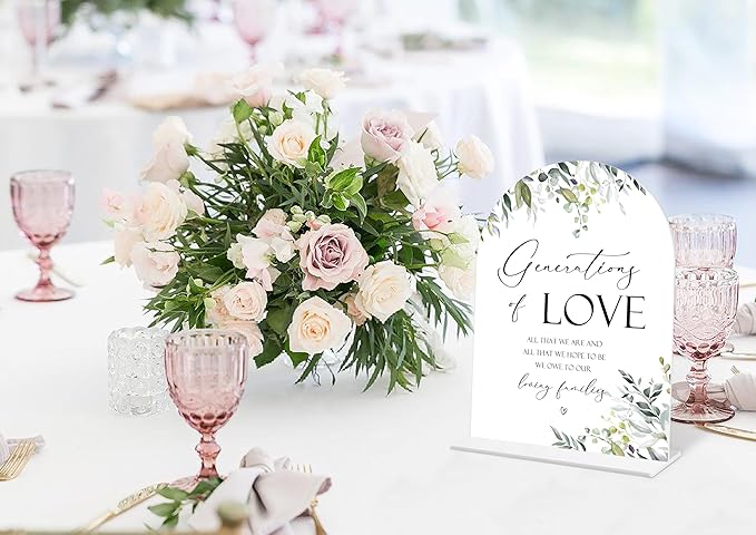 Greenery Generations Of Love Sign, 6 x 8 Inch White Arch Acrylic Wedding Sign with Holder, Wedding Sign for Ceremony and Reception, Wedding Decoration, Wedding Supplies - LY16