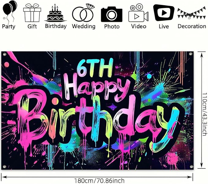 HOMETITUTE Neon 6th Happy Birthday Banner 71x43 Inch Birthday Backdrop | 6th - Image 3