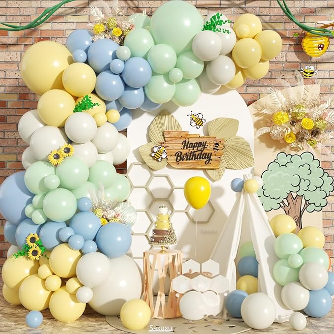 Pastel Green Blue Yellow Balloon Arch Kit, Ivory White Balloons by Saxuxu