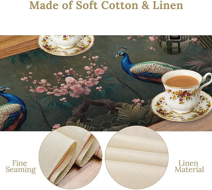 Peacock Table Runner,Vintage Aesthetic Peacock Birds Table Runner for Home Kitchen Dining Party Indoor Outdoor Decoration 13x60 Inch