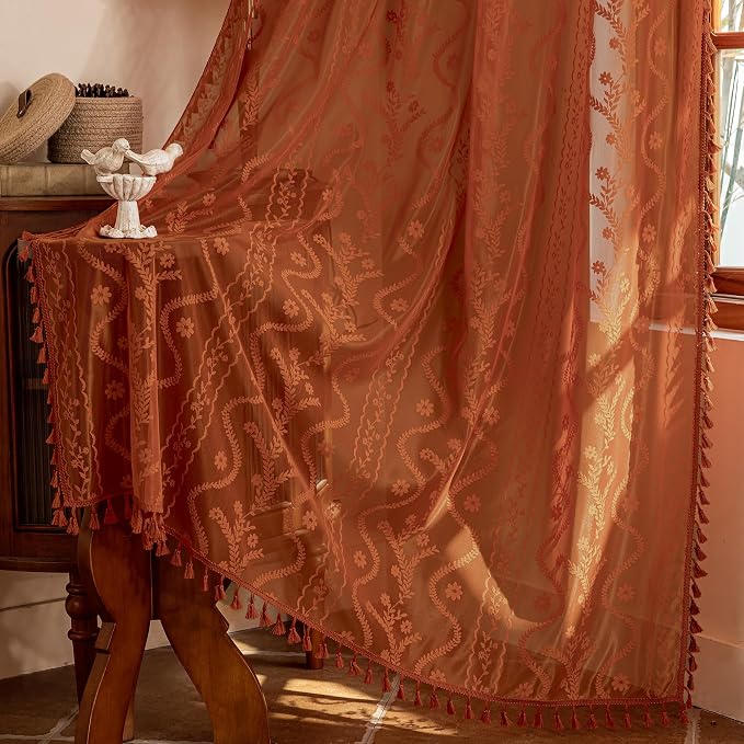 WAZZIO Boho Lace Curtains 54 Inch 2 Panels-Vintage Sheer Panel Drape Floral by WAZZIO