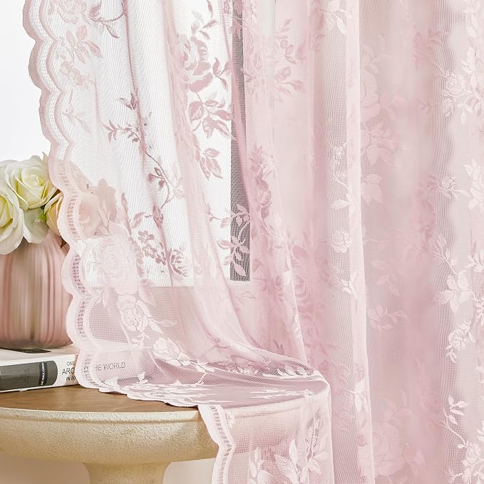 Light Pink Extra Long Lace Curtains 96 Inches Long Rod Pocket Large Floral Lace - Image 4