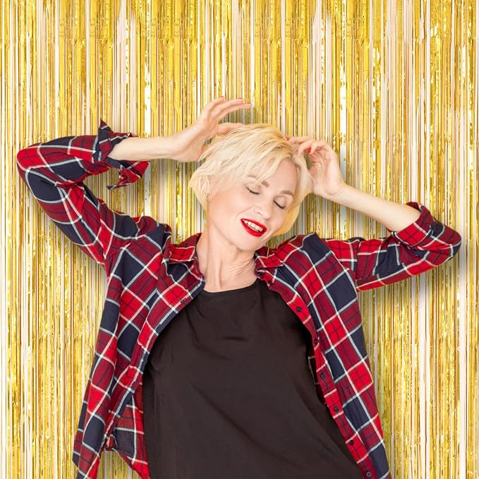 Voircoloria Laser Gold Foil Fringe Backdrop Curtains, 3 Pack | Tinsel Streamers - Image 7