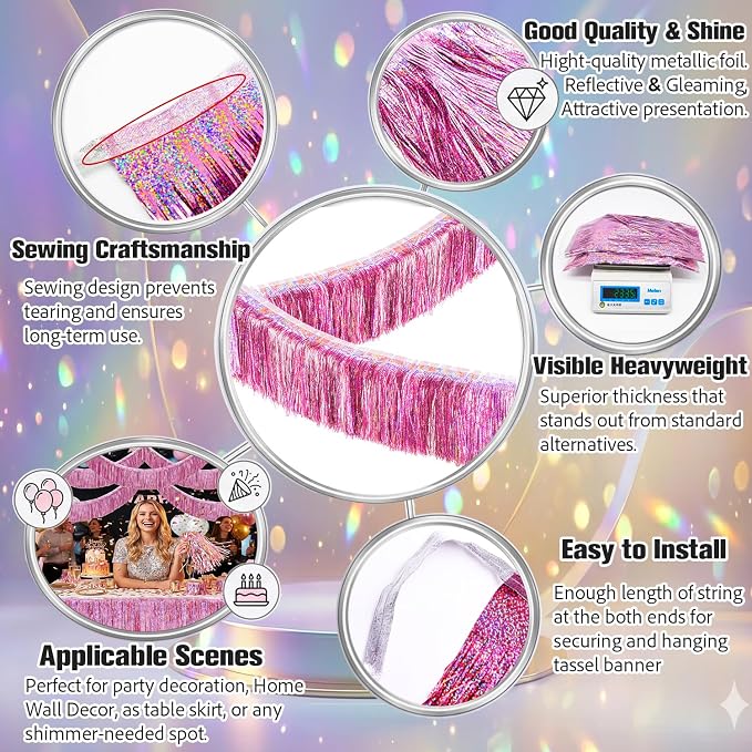 Glitter Pink Fringe Garland -4 Layers Thick, 2 Pack Metallic Tinsel Tassel - Image 3