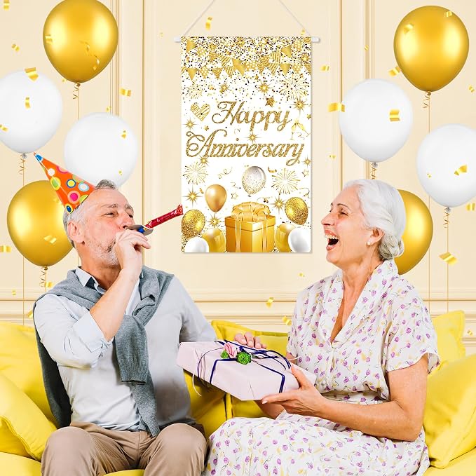 Anniversary Party Decorations White Gold Happy Anniversary Door Banner Sign - Image 2