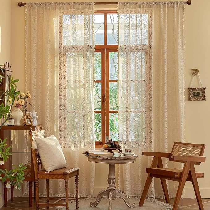 YJ YANJUN Boho Lace Curtains 90 inches Long 2 Panels -Vintage Floral Crochet - Image 2