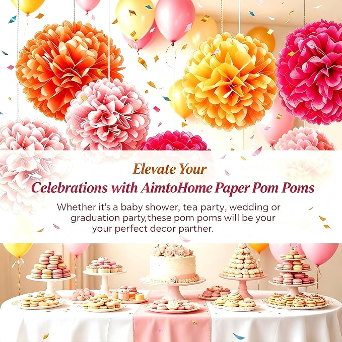 AimtoHome Pink Orange Tissue Paper Flower Pom Poms12pack Hanging Paper Pom Pom - Image 7