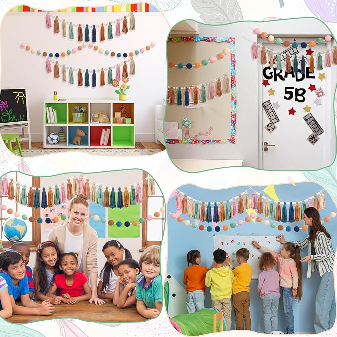 Tenceur Boho Tassel Garland and Pom Pom Banner Set- 4 Pcs Rainbow Wall Decor - Image 5