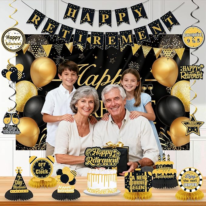 Retirement Party Decorations for Men Women Black Gold Happy Retirement Banner - Image 4