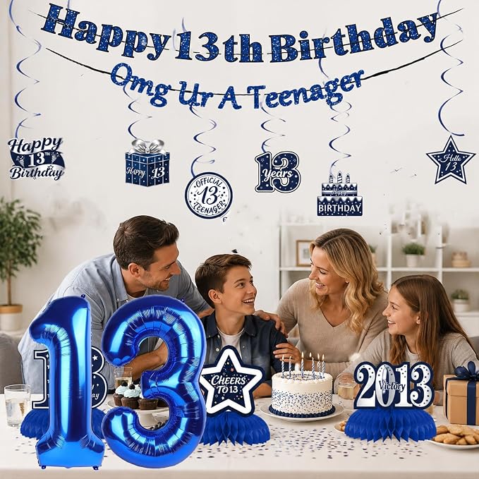 13th Birthday Decorations For Boys, Pre-Strung Navy Blue Happy 13th Birthday & - Image 3