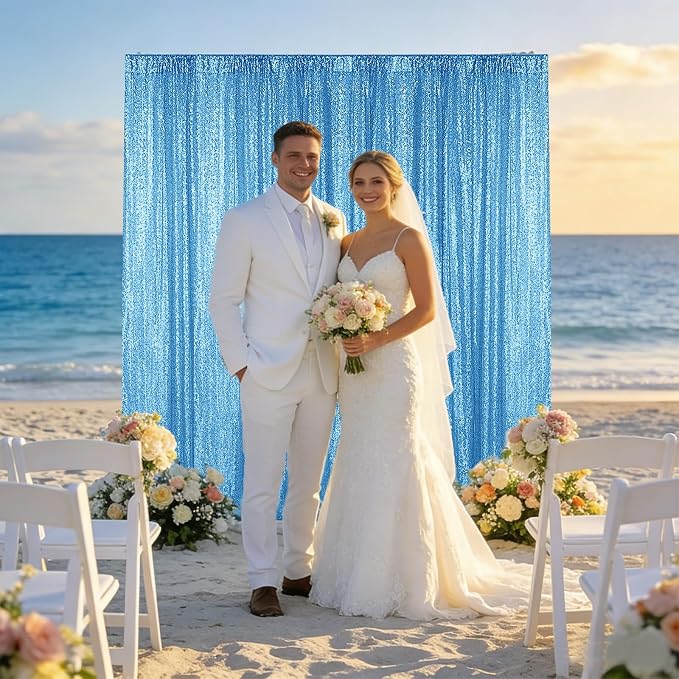 Sugargirl Blue Sequin Backdrop Curtain 4FTx8FT Glitter Blue Background Drapes - Image 3