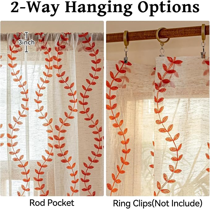 2 Panels Linen Leaf String Floral Embroidered Semi Sheer Curtain Farmhouse - Image 5
