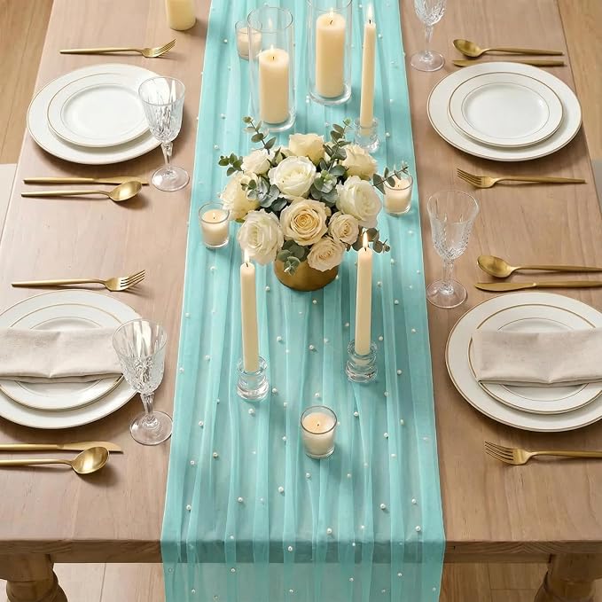 Artoid Mode Pearl Turquoise Gauze Table Runner 120 Inch 10FT, Seasonal Sheer - Image 3